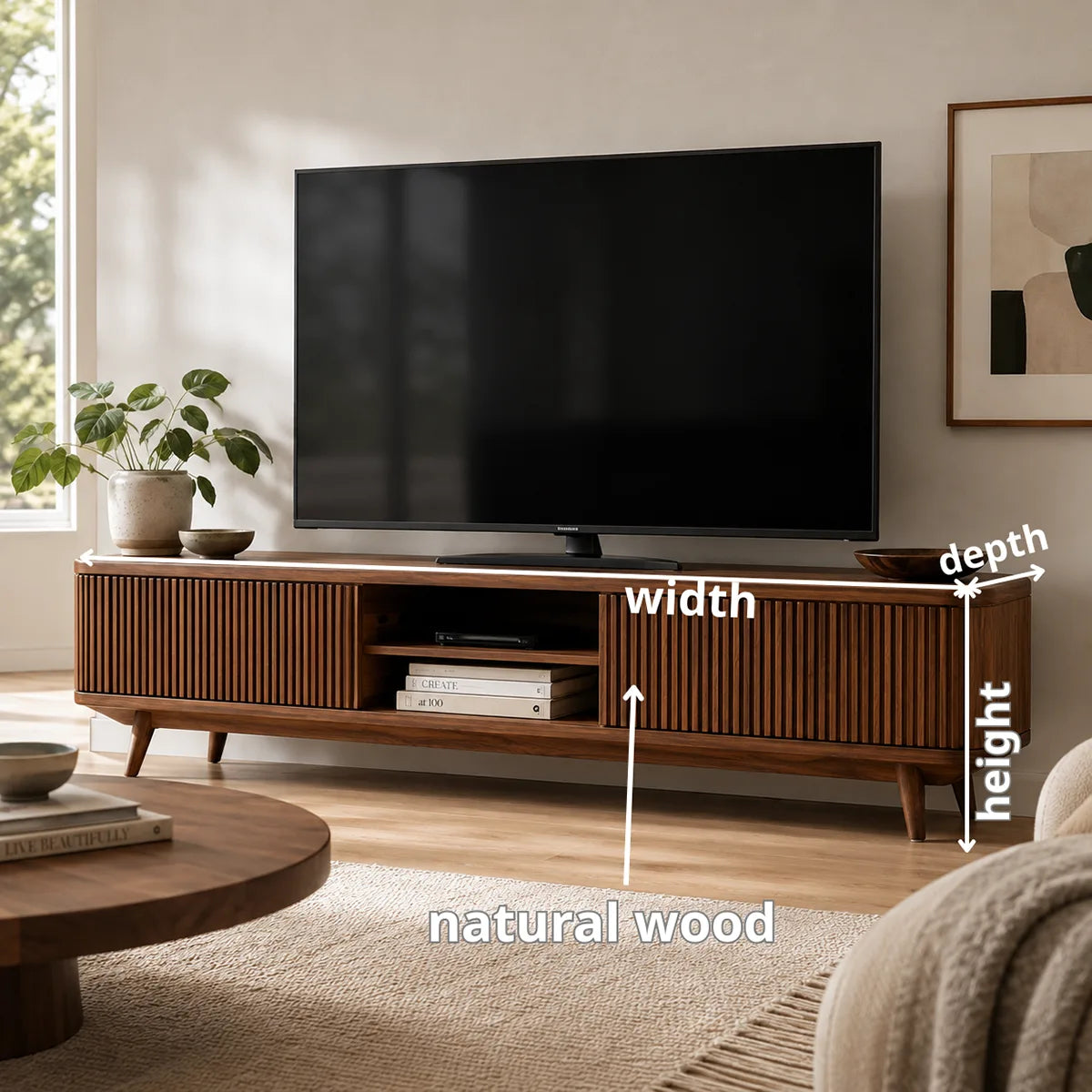 Fluted Wood TV Stand with Open Shelves | Modern Media Console HG021-8DUV7FV
