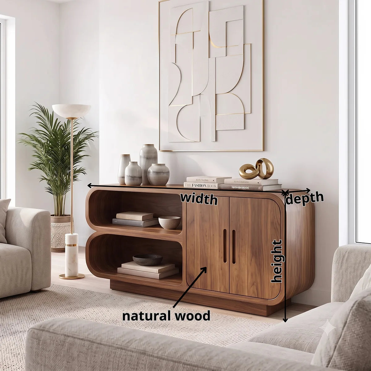 Modern Sideboard with 2 Open Shelves and 2 Cabinet Doors | Rounded Storage Cabinet HG021-6RWO4UC