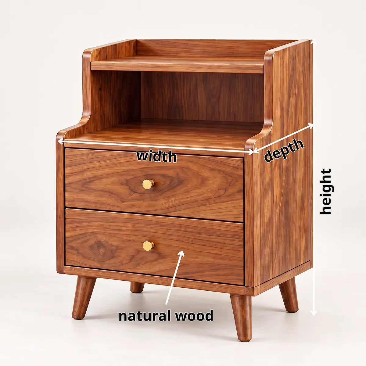 Modern 2-Drawer Nightstand with Open Shelf | Tall Bedside Table with Tapered Legs HG021-7TNK8GF