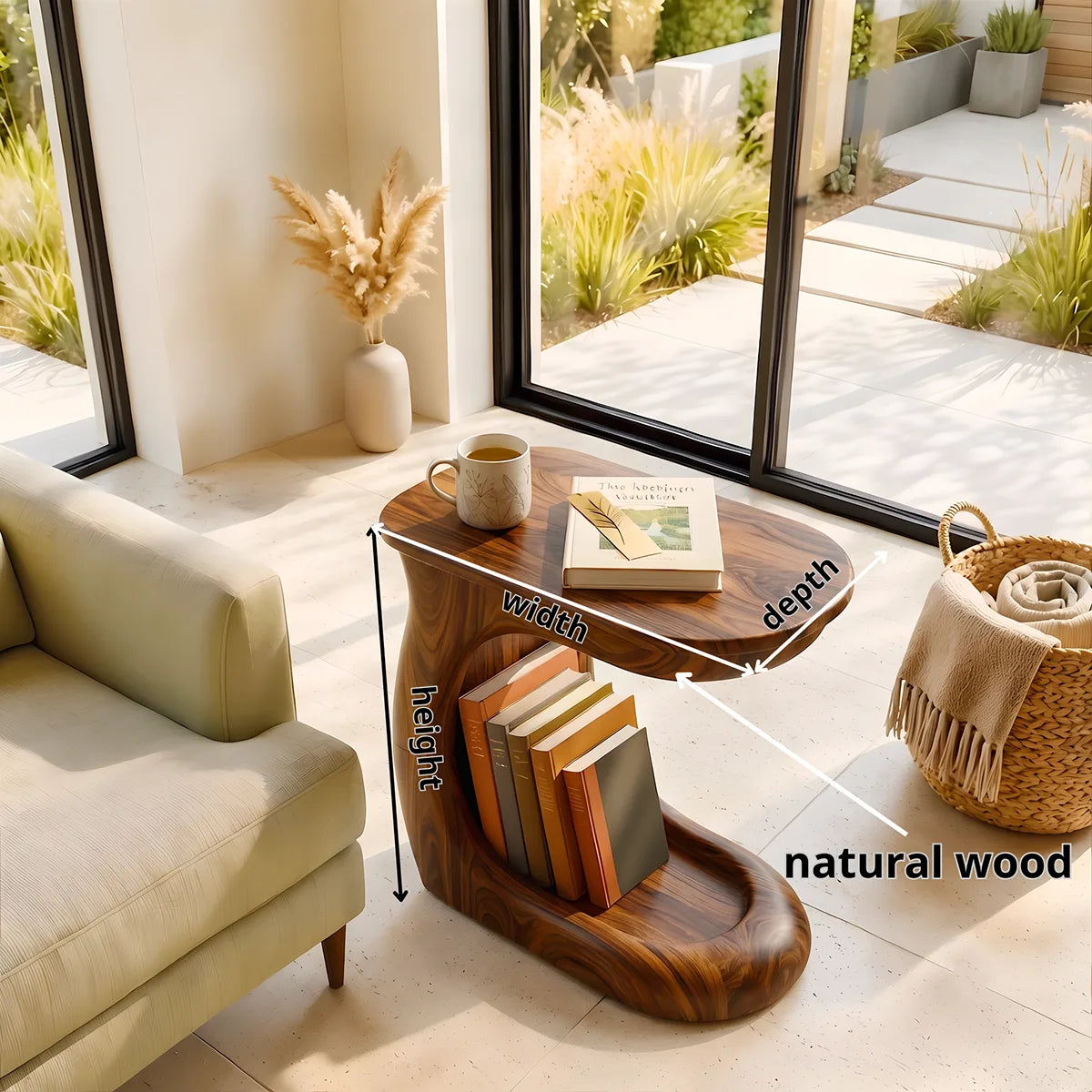 Modern C-Shaped End Table with Book Storage | Sculptural Sofa Side Table for Living Room HG021-7EFE3WW