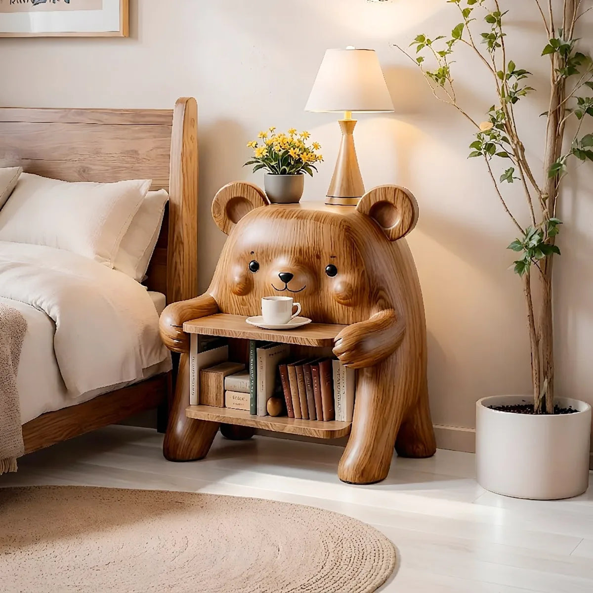 Whimsical Solid Wood Bear Side Table with Bookshelf for Kids’ Rooms & Cozy Homes HG021-4308