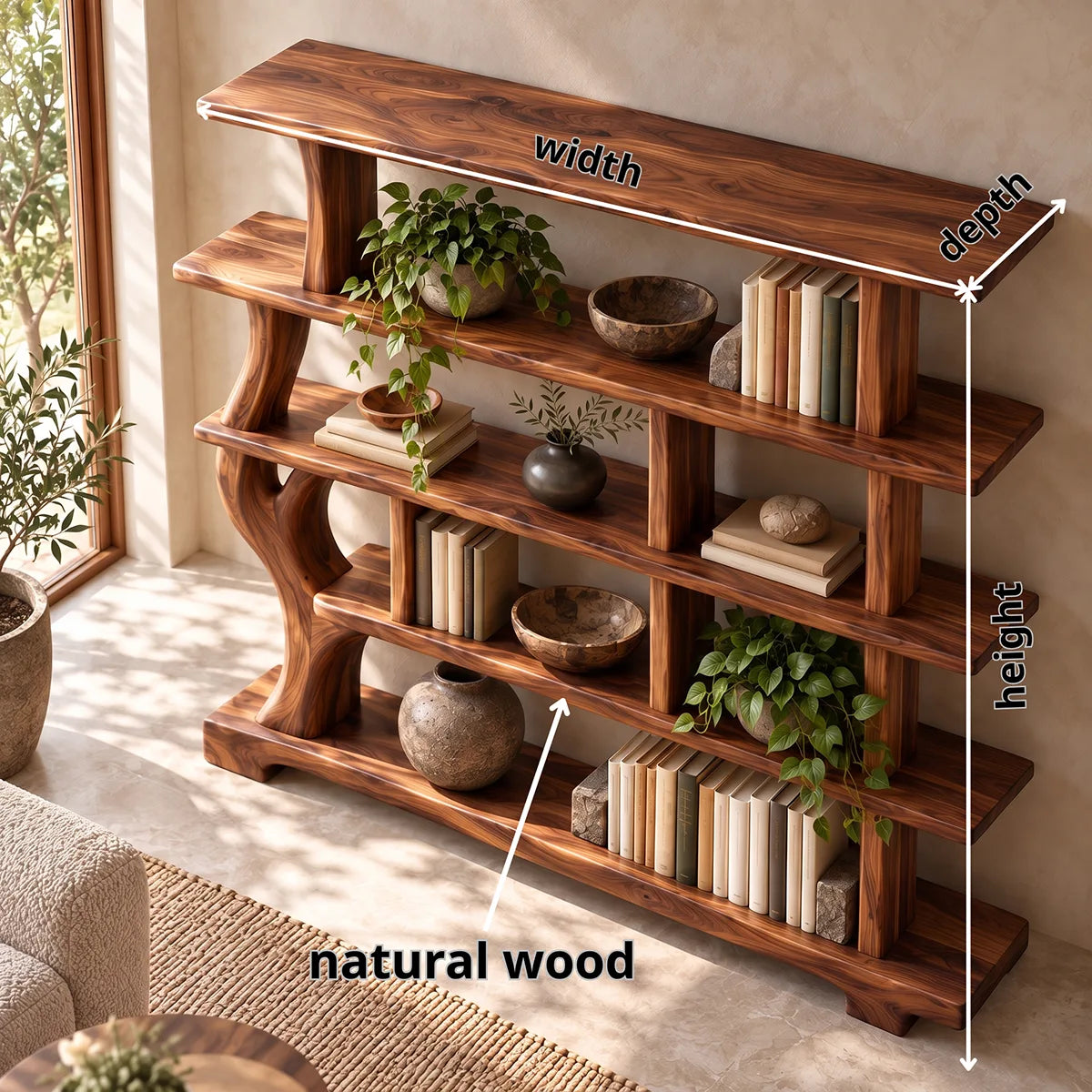 Tree-Inspired Sculptural Bookshelf | Organic Modern Open Bookcase with Asymmetrical Shelves HG021-5HPG6UX