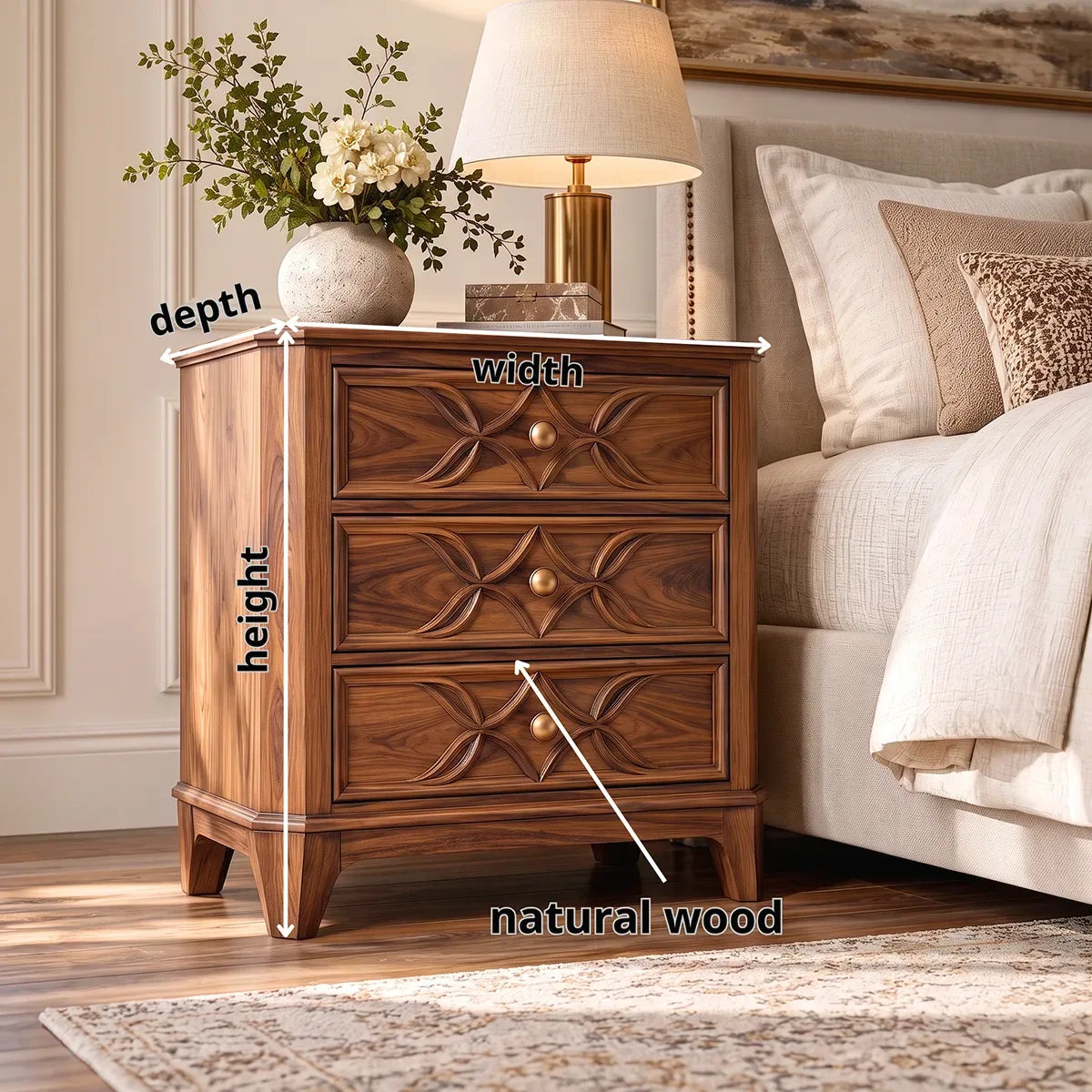 Carved 3-Drawer Nightstand | Decorative Bedside Table with Sculpted Geometric Fronts HG021-7GDR2YD
