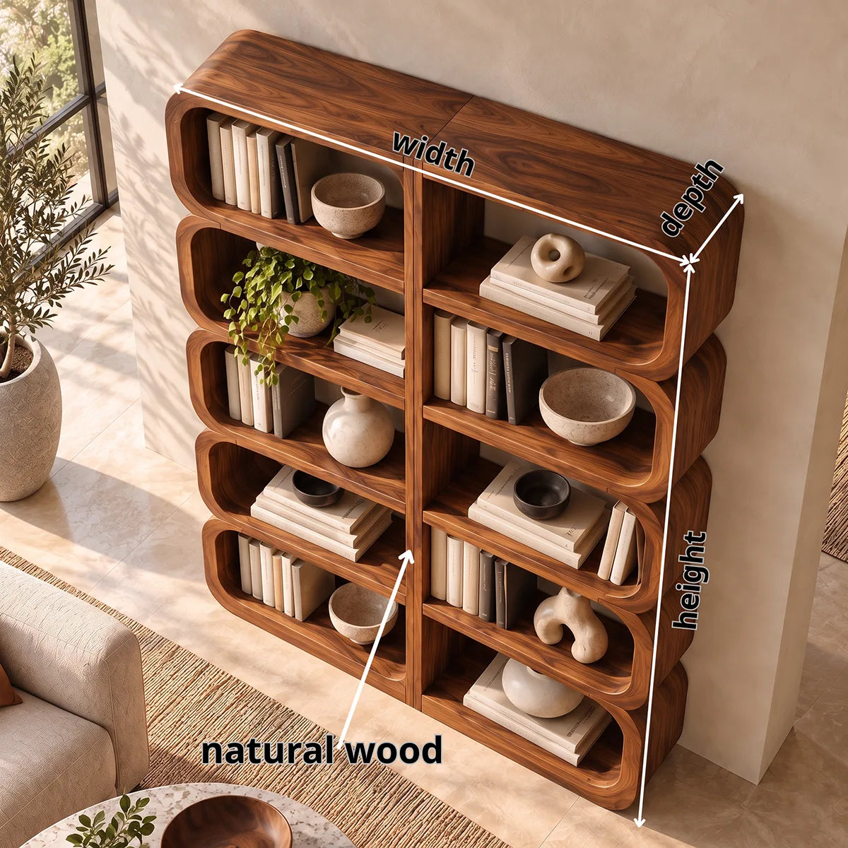 Tall Rounded Open Bookcase | 10-Cubby Modern Bookshelf with Sculptural Curved Frame HG021-4YOT6AX