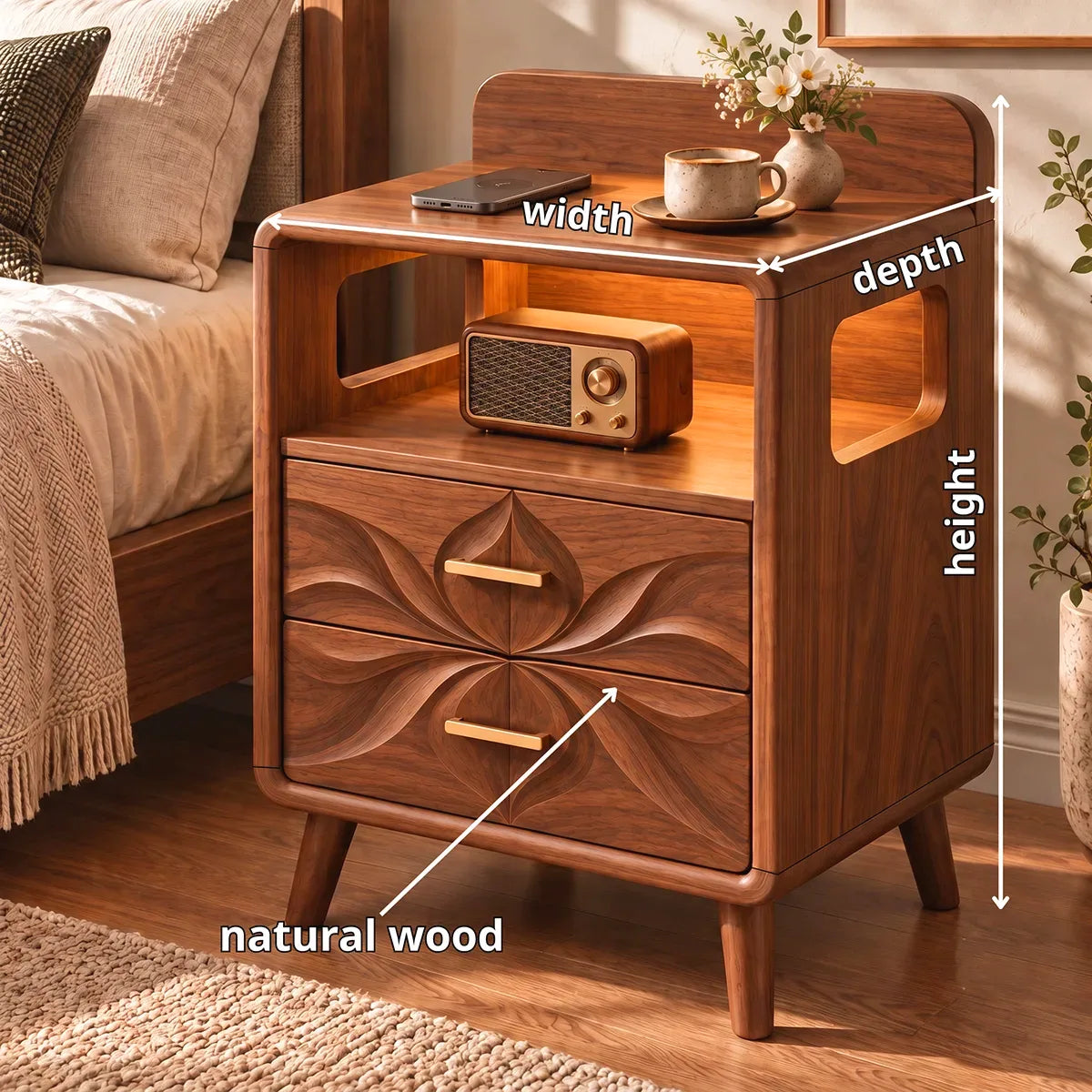 Sculptural Floral 2-Drawer Nightstand with Open Shelf | Carved Modern Bedside Table HG021-5NTU5QO