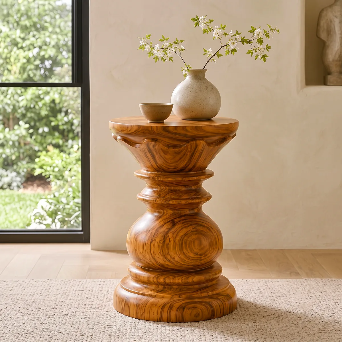 Sculptural Crown Pedestal Wood End Table | Round Carved Side Table TT006-9TFS8ZN