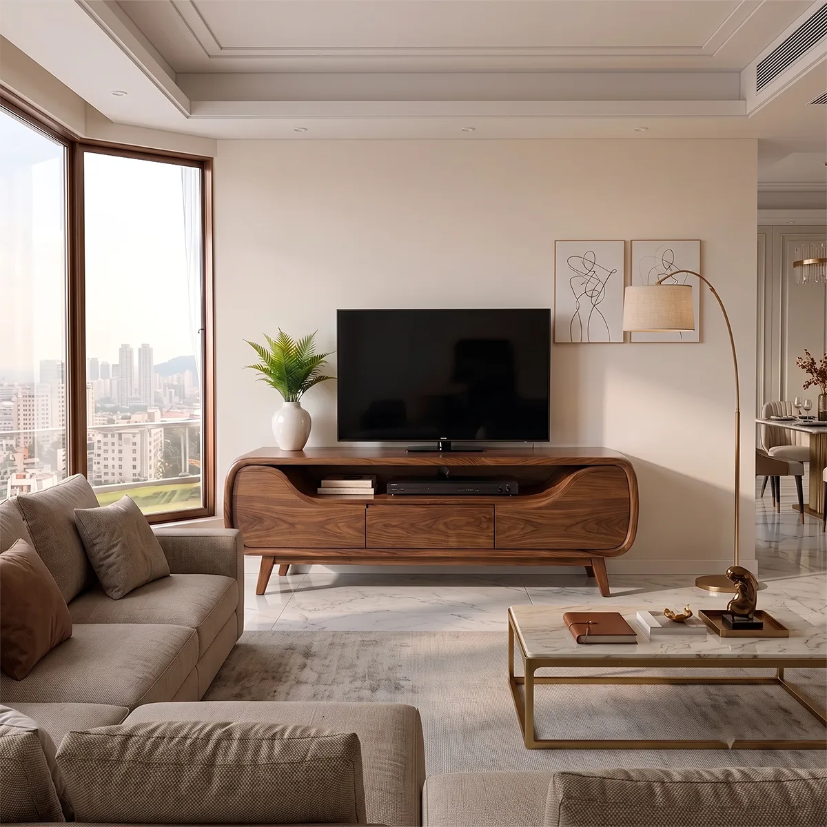 Modern Curved TV Stand with Drawer & Open Media Shelf | Sculptural Low Profile Console TH003-2WQM9UQ