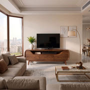 Modern Curved TV Stand with Drawer & Open Media Shelf | Sculptural Low Profile Console TH003-2WQM9UQ