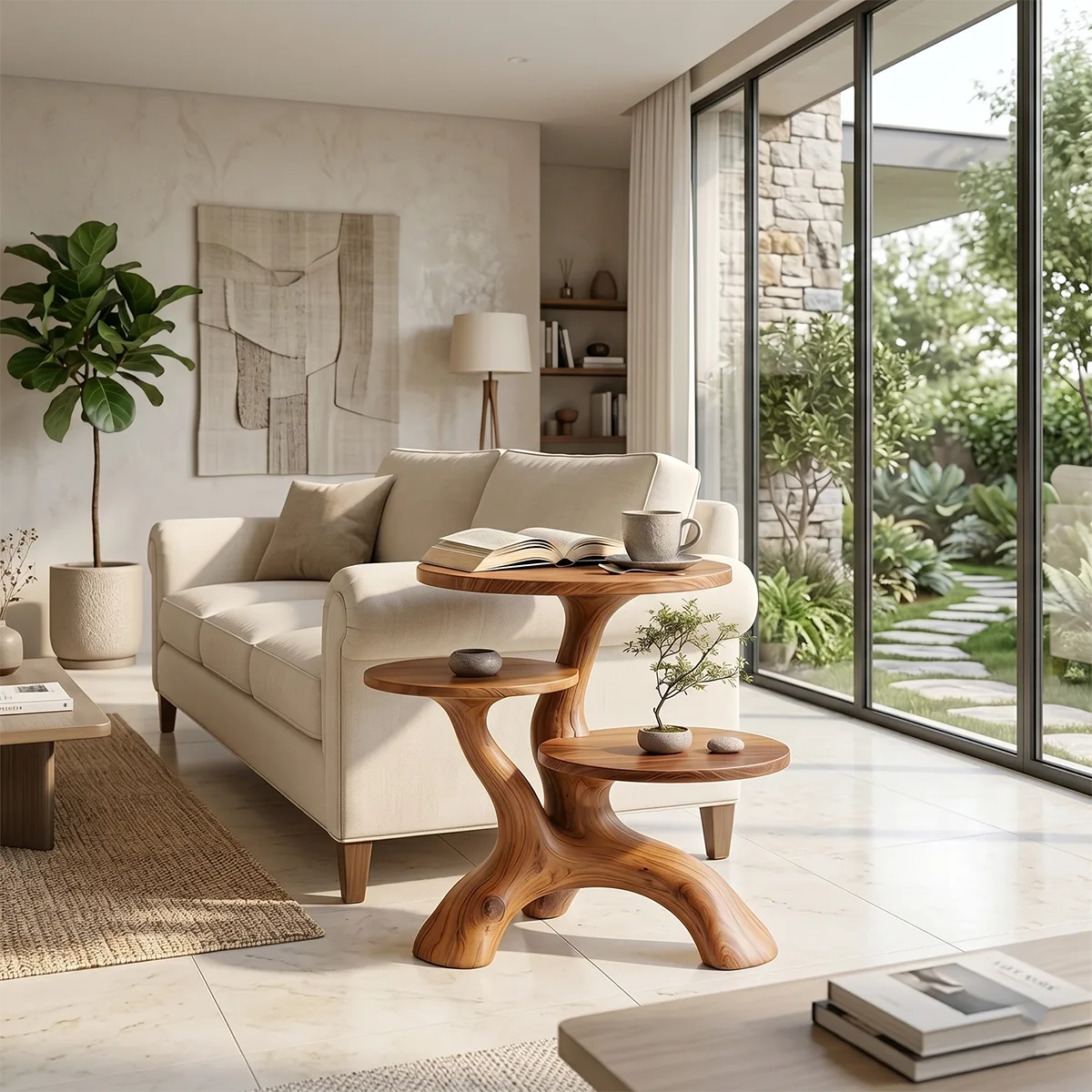 Handcrafted Solid Wood 3-Tier End Table – Sculptural Organic Side Table TH003-2515