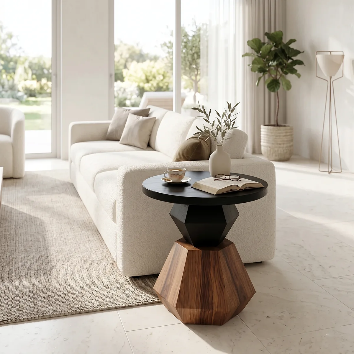 Modern Round Solid Wood End Table | Geometric Pedestal Side Table with Black Top TH003-3706