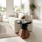 Modern Round Solid Wood End Table | Geometric Pedestal Side Table with Black Top TH003-3706