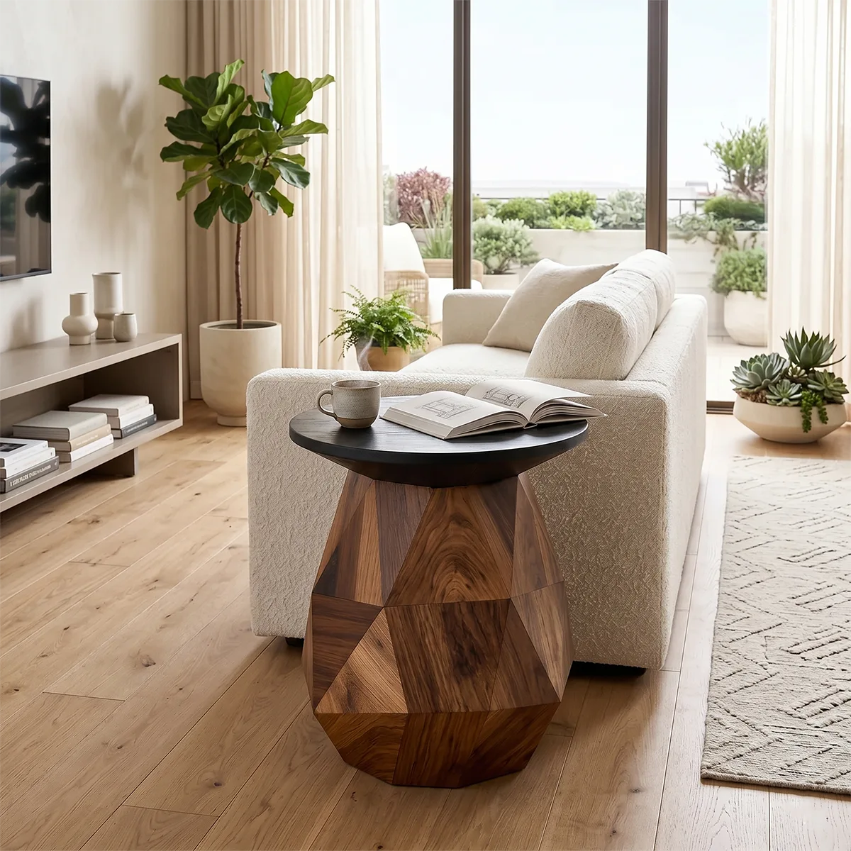 Modern Round Solid Wood End Table | Geometric Pedestal Side Table with Black Top TH003-4421
