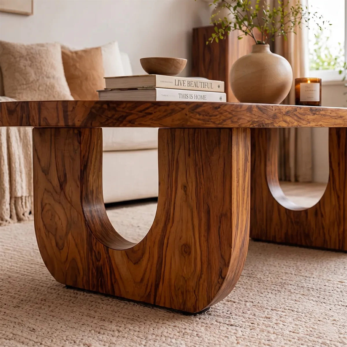 Modern Solid Wood Oval Coffee Table with Sculptural Cutout Legs