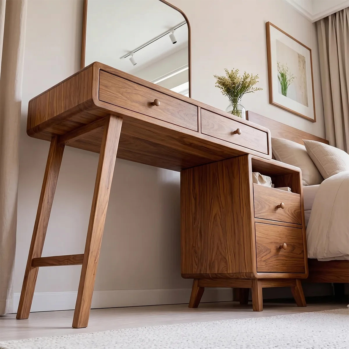 Mid-Century Solid Wood Vanity Desk with Side Cabinet Storage and Mirror