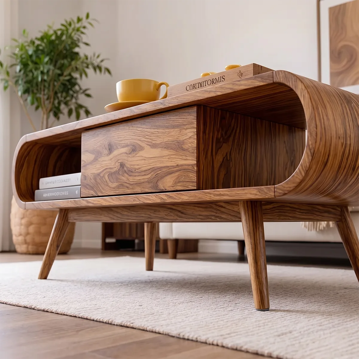 Mid Century Modern Solid Wood Curved Coffee Table with Storage