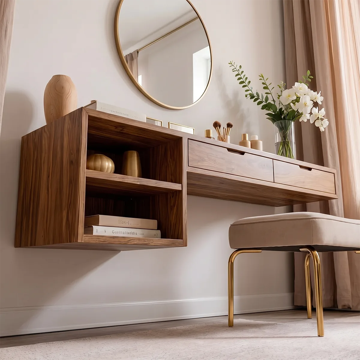 Floating Solid Wood Vanity Desk with Open Shelving and Storage Drawers