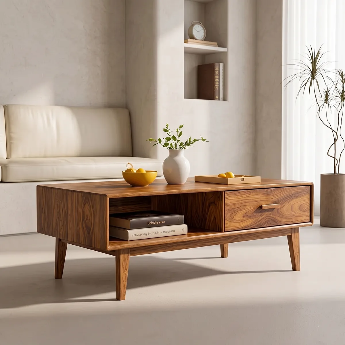 Mid Century Modern Solid Wood Rectangular Coffee Table with Storage