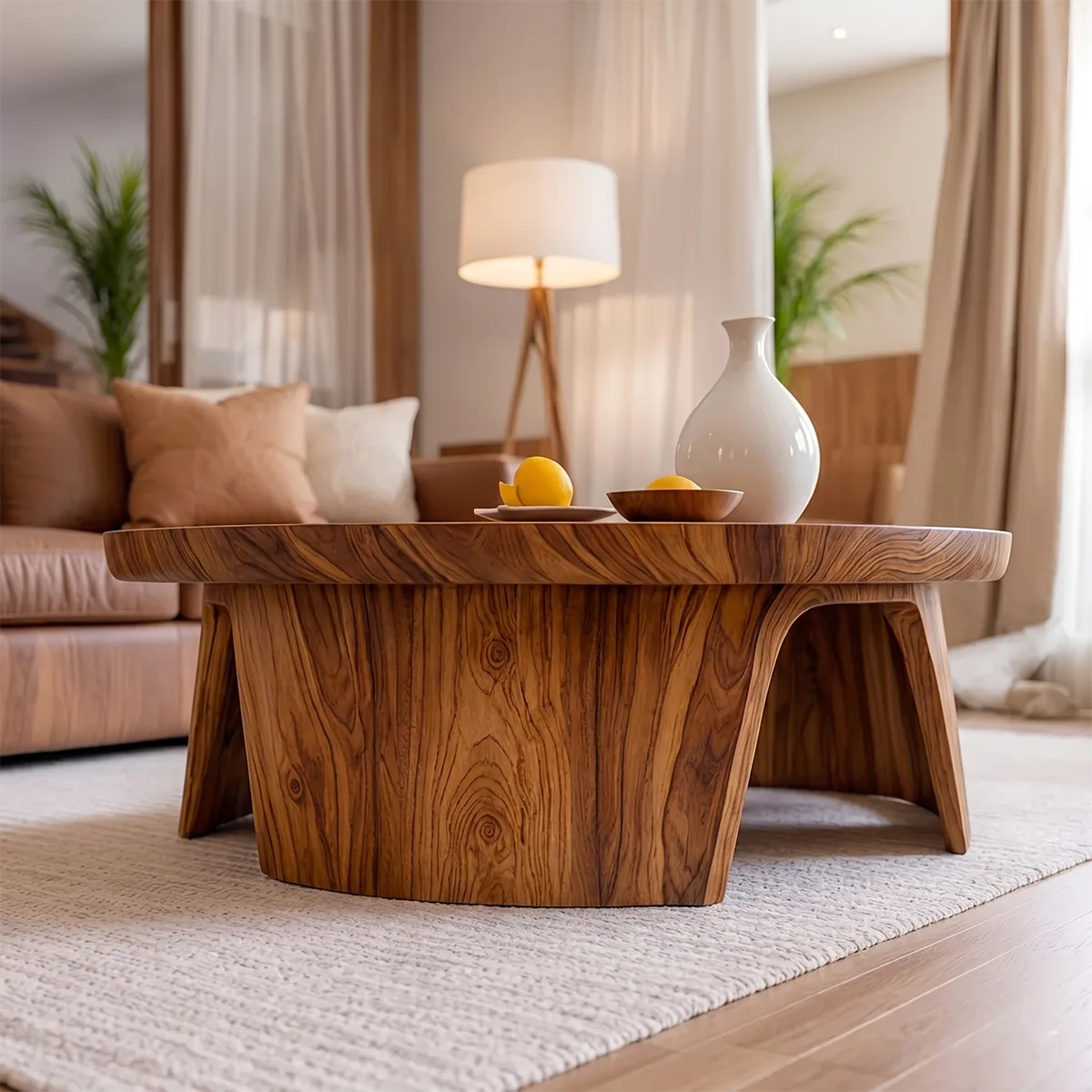Solid Wood Round Tray Top Coffee Table Handcrafted Sculptural Living Room Table