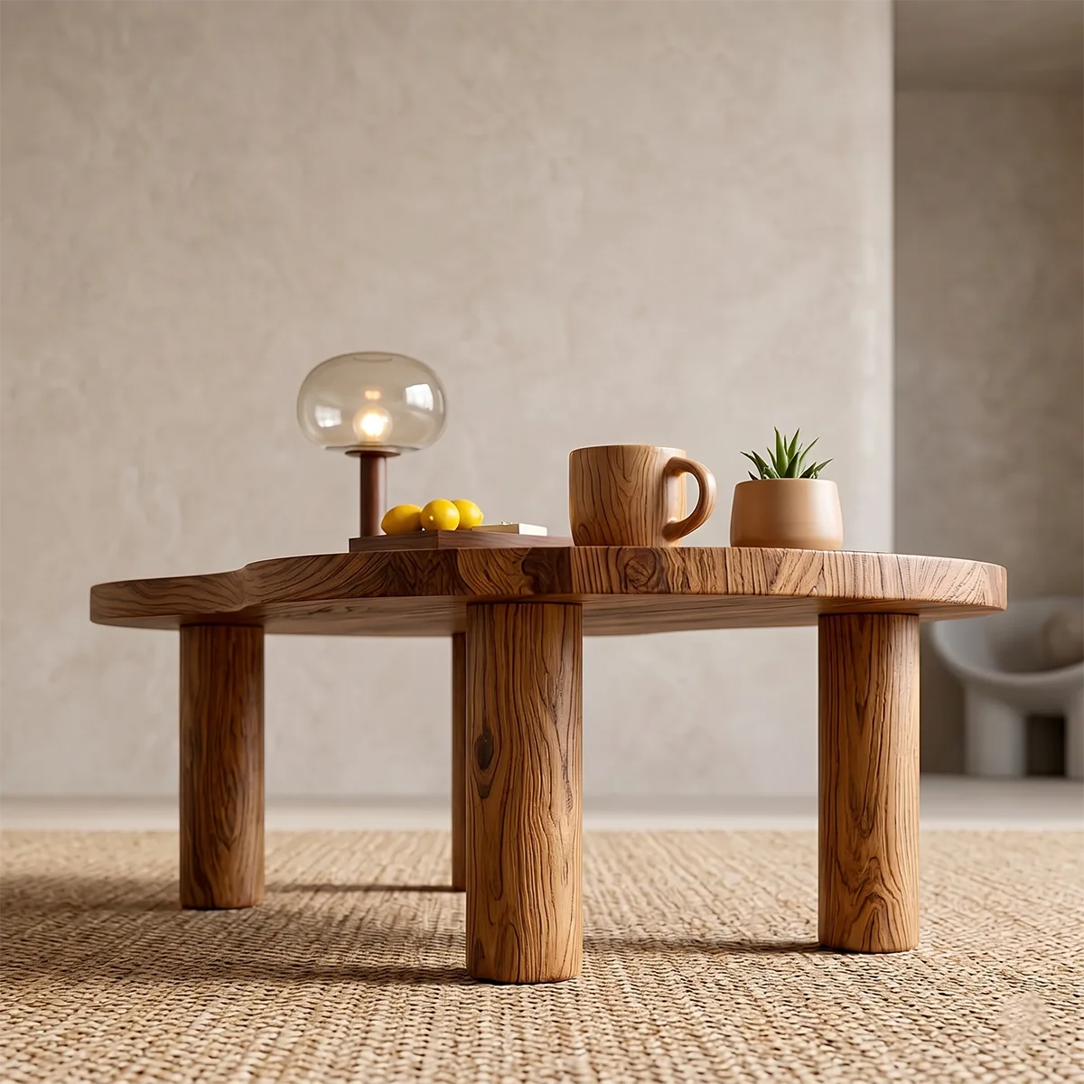 Modern Solid Wood Organic Freeform Coffee Table with Chunky Legs