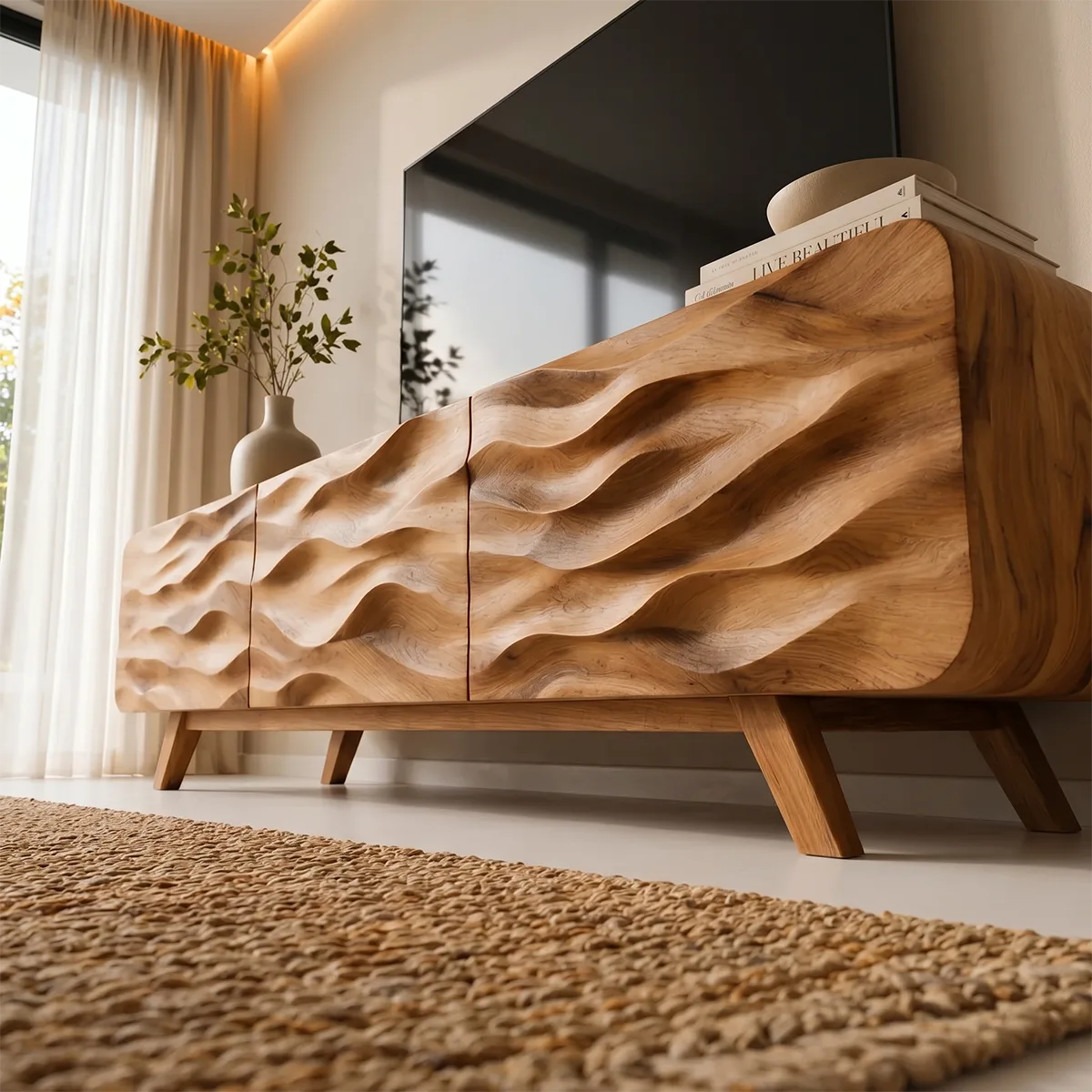 Carved Wave TV Cabinet with 3 Doors and Rounded Sides