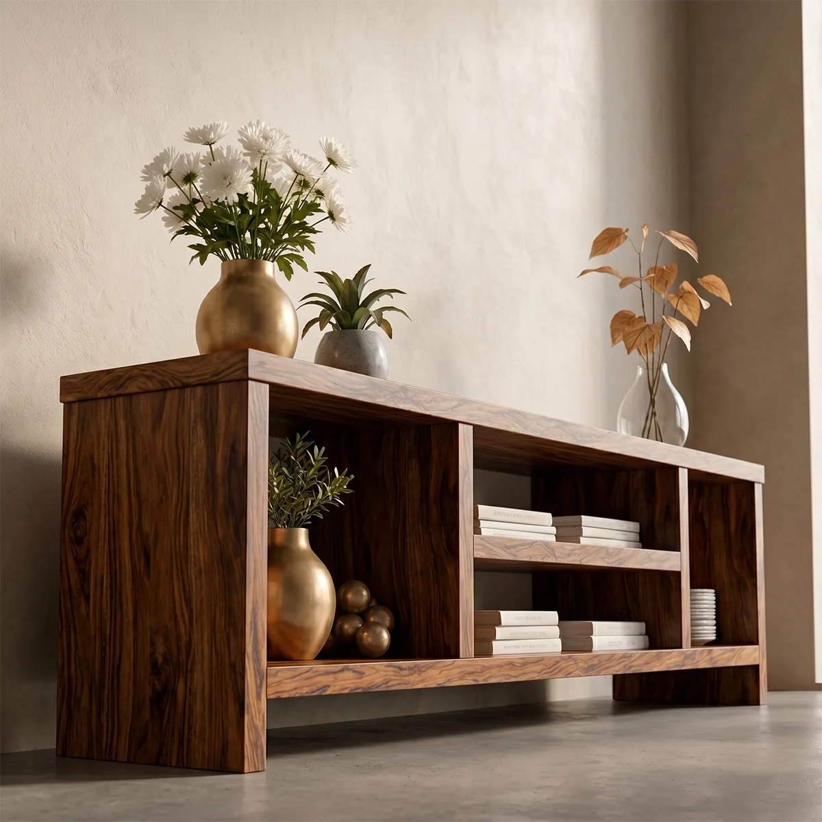 Modern Solid Wood Geometric TV Stand with Open Shelving