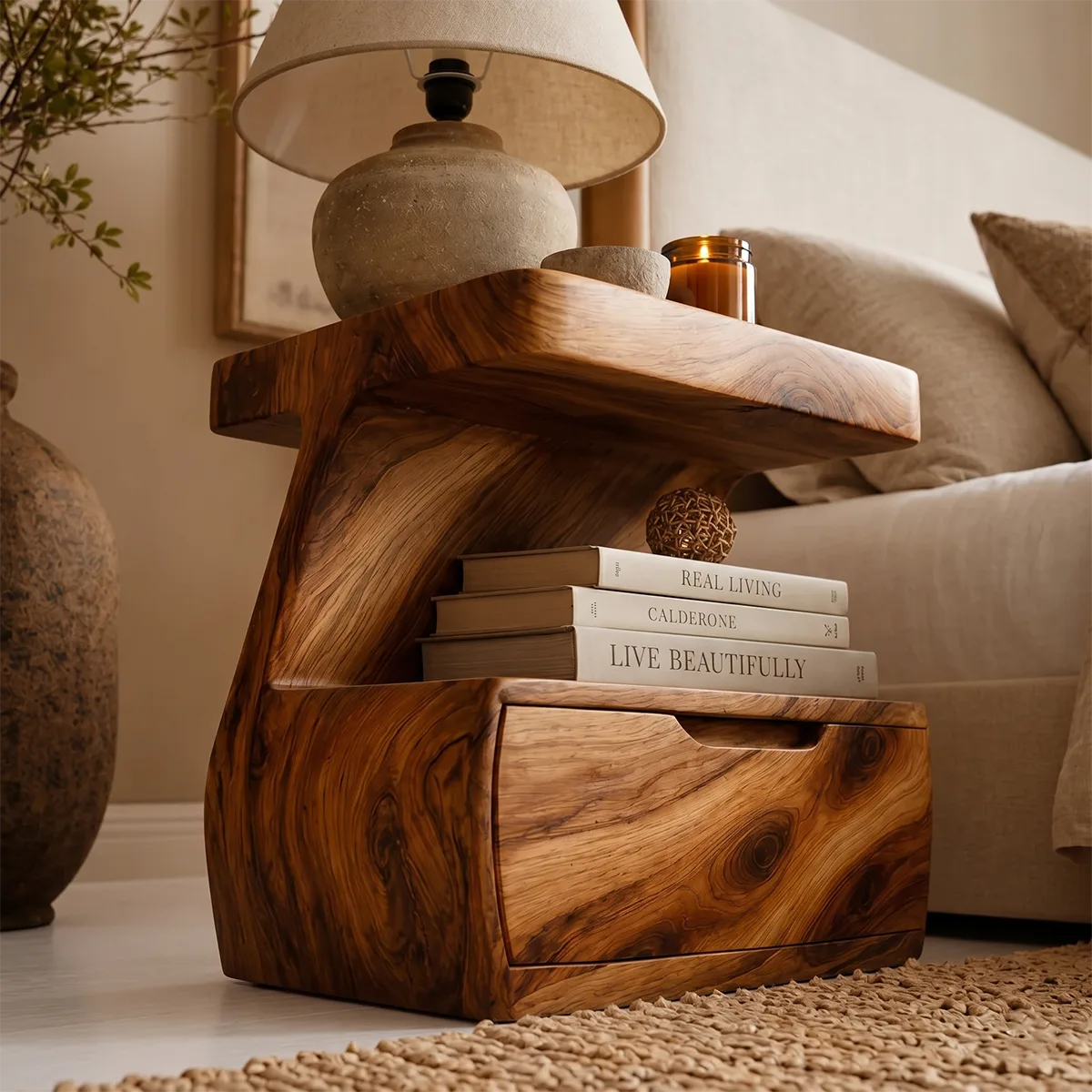 Handcrafted Solid Wood Nightstand Organic Bedside Table with Storage Drawer