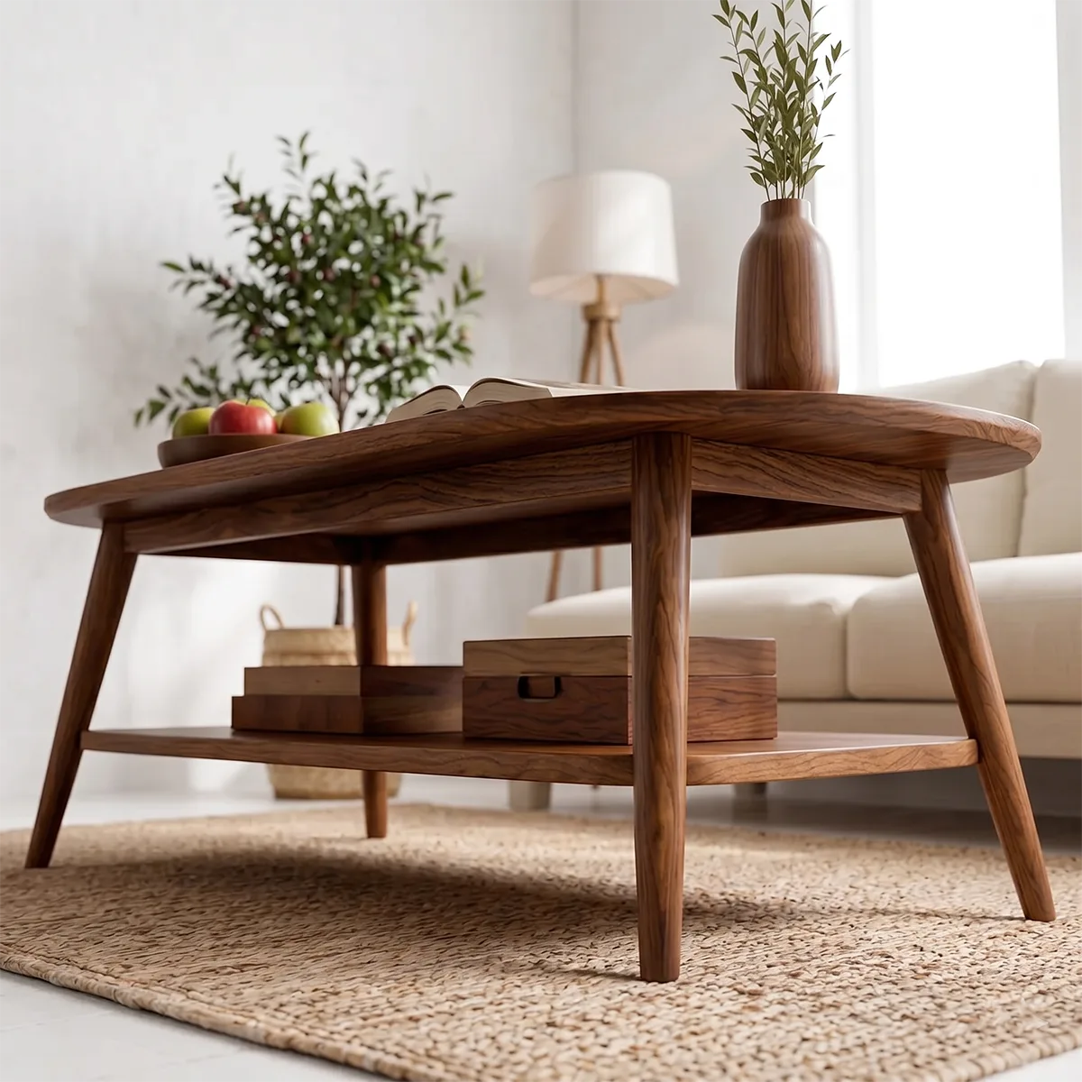 Mid Century Modern Solid Wood Two Tier Oval Coffee Table