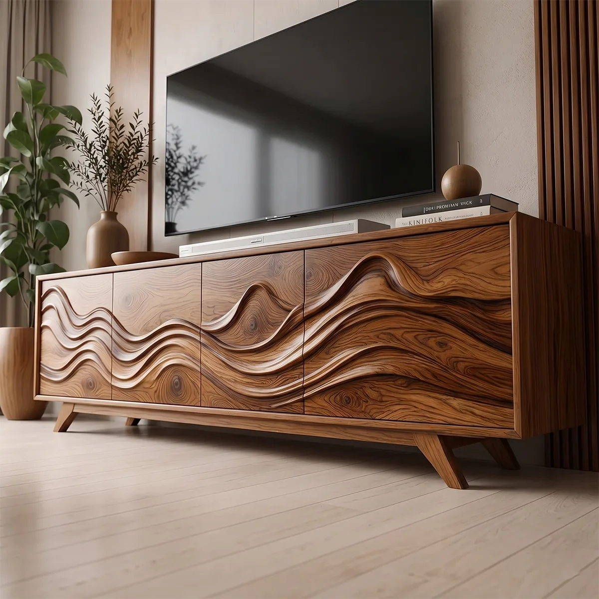 Mid-Century Modern Solid Wood TV Stand with Cabinet and Open Shelving