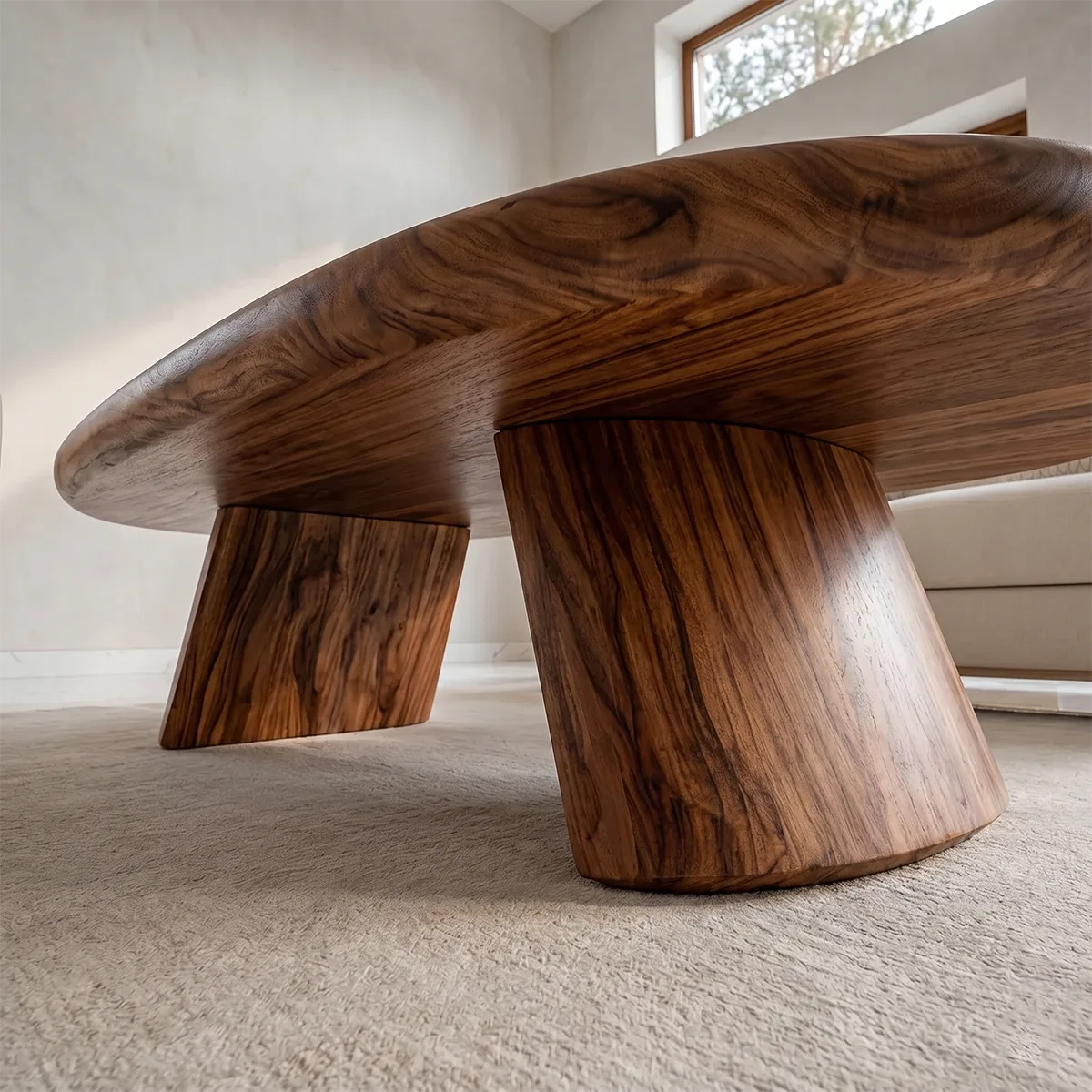 Modern Solid Wood Oval Coffee Table with Sculptural Pedestal Legs