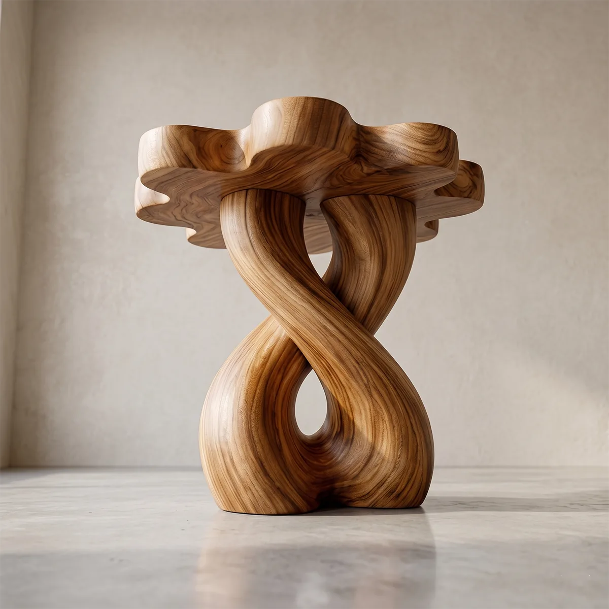 Wooden Nightstand With Twisted Base And Flower-Shaped Tabletop