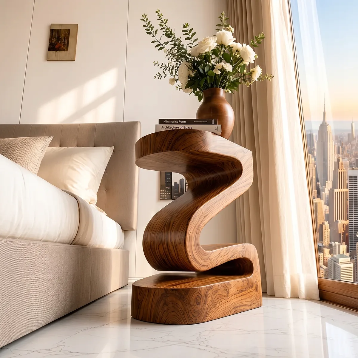 Modern Sculptural Wooden Nightstand with Open Shelf