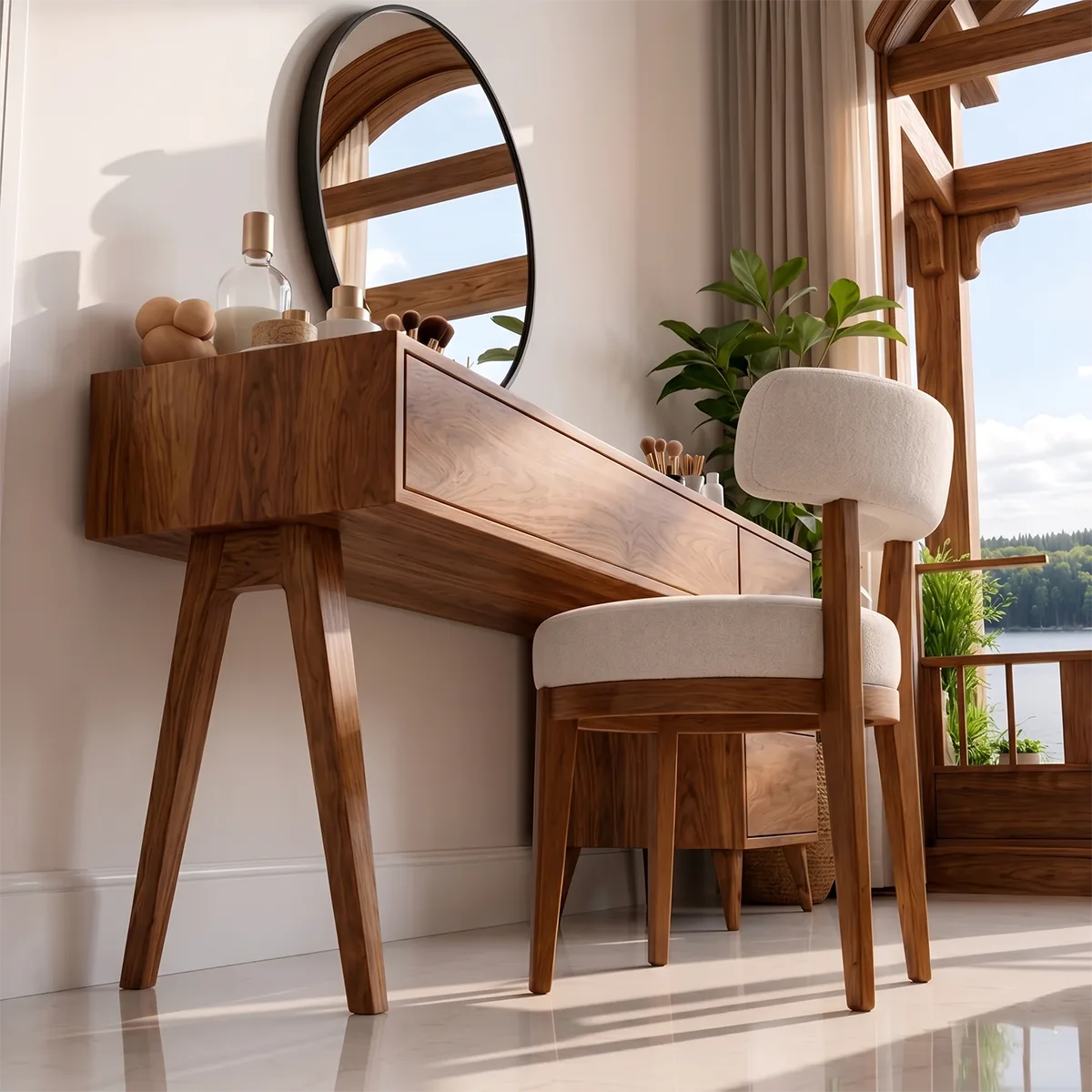 Modern Solid Wood Vanity Table with Side Drawers