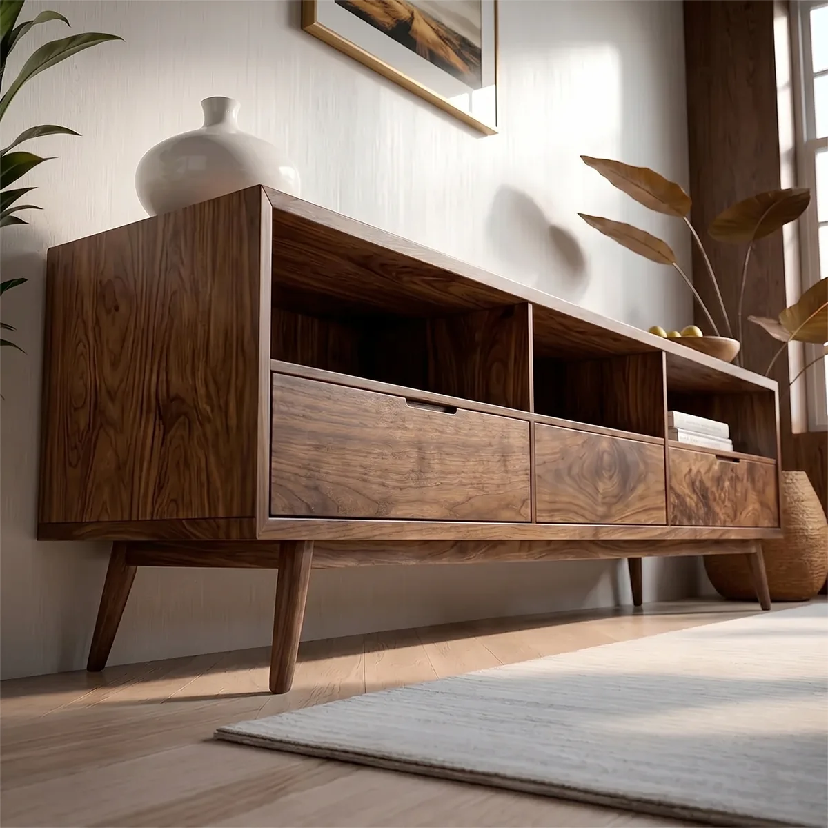 Mid Century TV Stand with Open Shelves and 3 Drawers