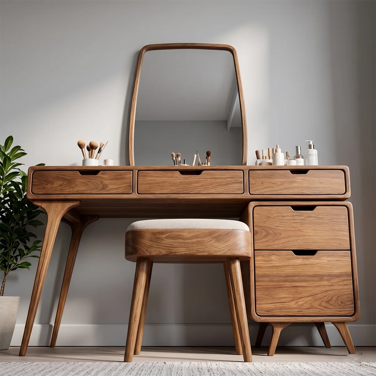 Mid-Century Solid Wood Vanity Desk with Mirror and Storage Drawers