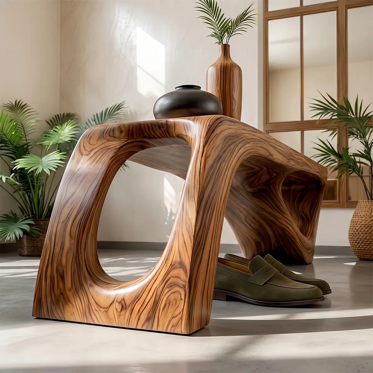 Sculptural Solid Wood Entryway Bench for Organic Modern and Contemporary Interiors