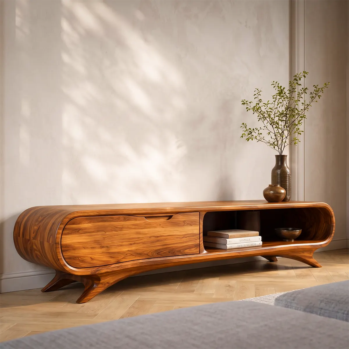Modern Curved TV Stand with Large Drawer & Open Storage | Sculptural Media Console TT006-3JHB2OI