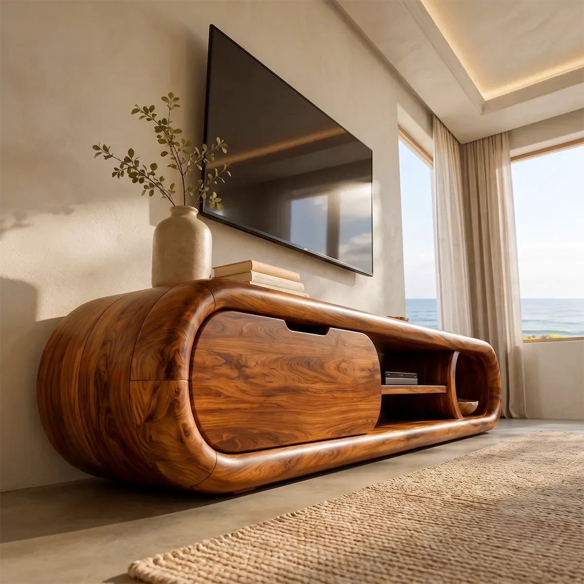 Modern Curved TV Stand with Enclosed Storage & 3 Open Compartments TT006-6RBE5GQ