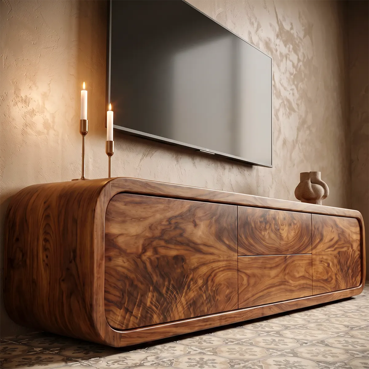 Modern TV Stand with 2 Drawers & 2 Cabinets | Rounded Organic Media Console TT006-6FSA9CR