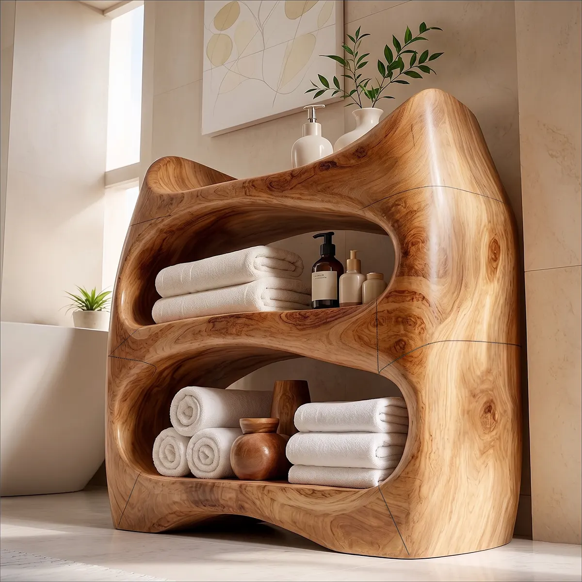 Sculptural Bathroom Vanity with Open Shelves | Freestanding Curved Vanity TT006-5ZSC4PA