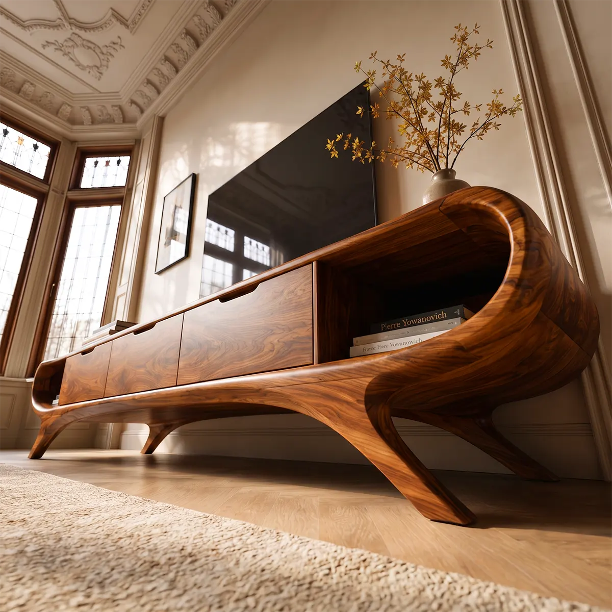 Modern Curved TV Stand with 3 Drawers & 2 Open Side Compartments TT006-3IYZ7XH