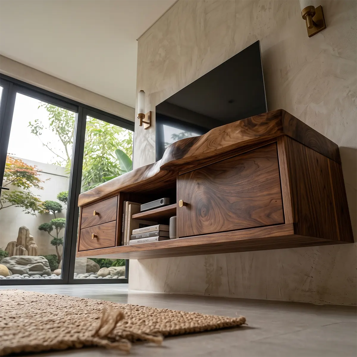 Modern TV Stand with 2 Drawers, Open Shelf & Cabinet | Natural Organic Media Console TT006-3ZLT6YV
