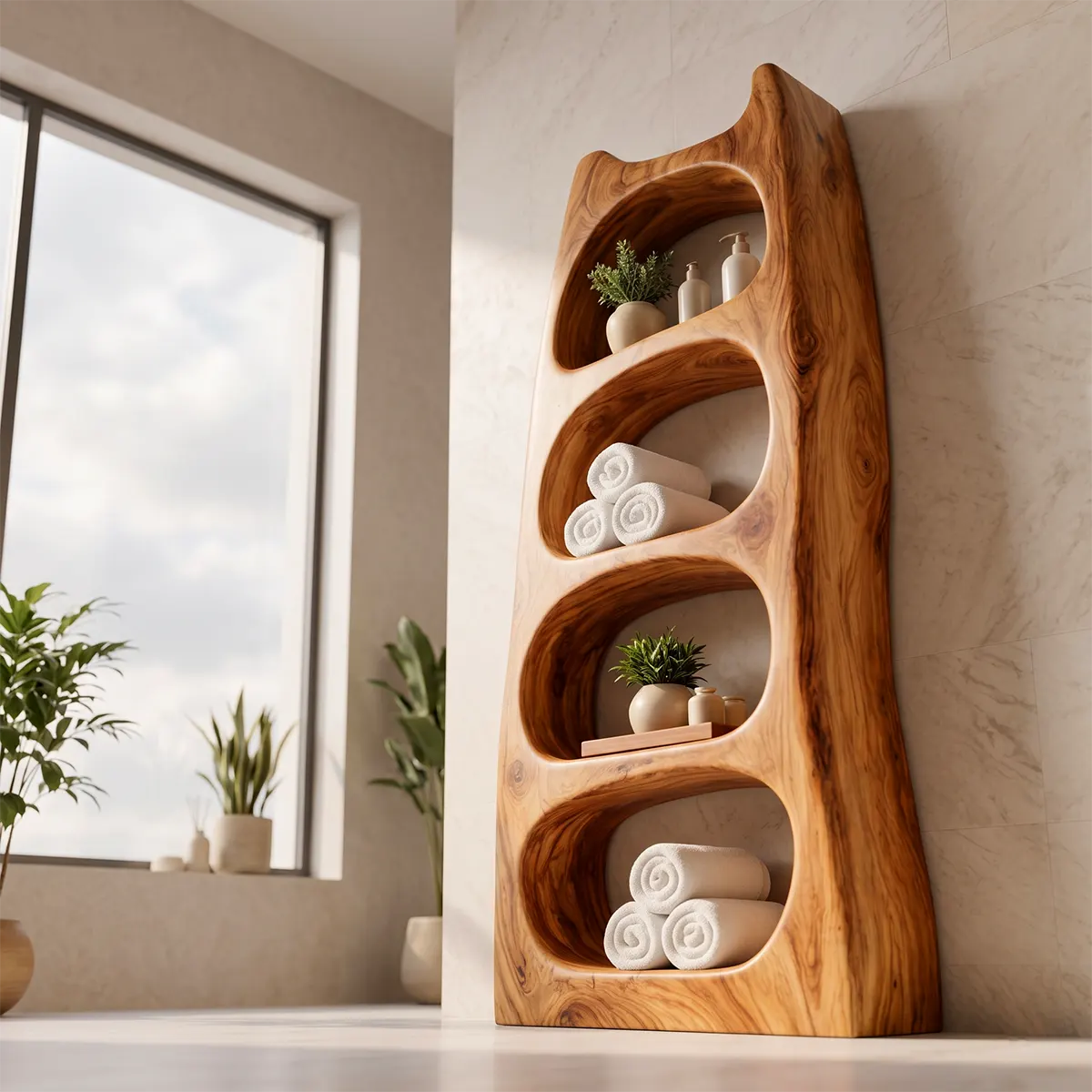 Tall Bathroom Storage Cabinet with Open Shelves | Sculptural Organic Modern Storage Tower TT006-3KAU7XR