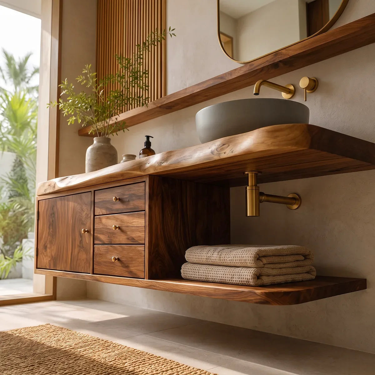 Floating Bathroom Vanity with 3 Drawers & Open Shelf | Modern Organic Design TT006-1XDO9BG