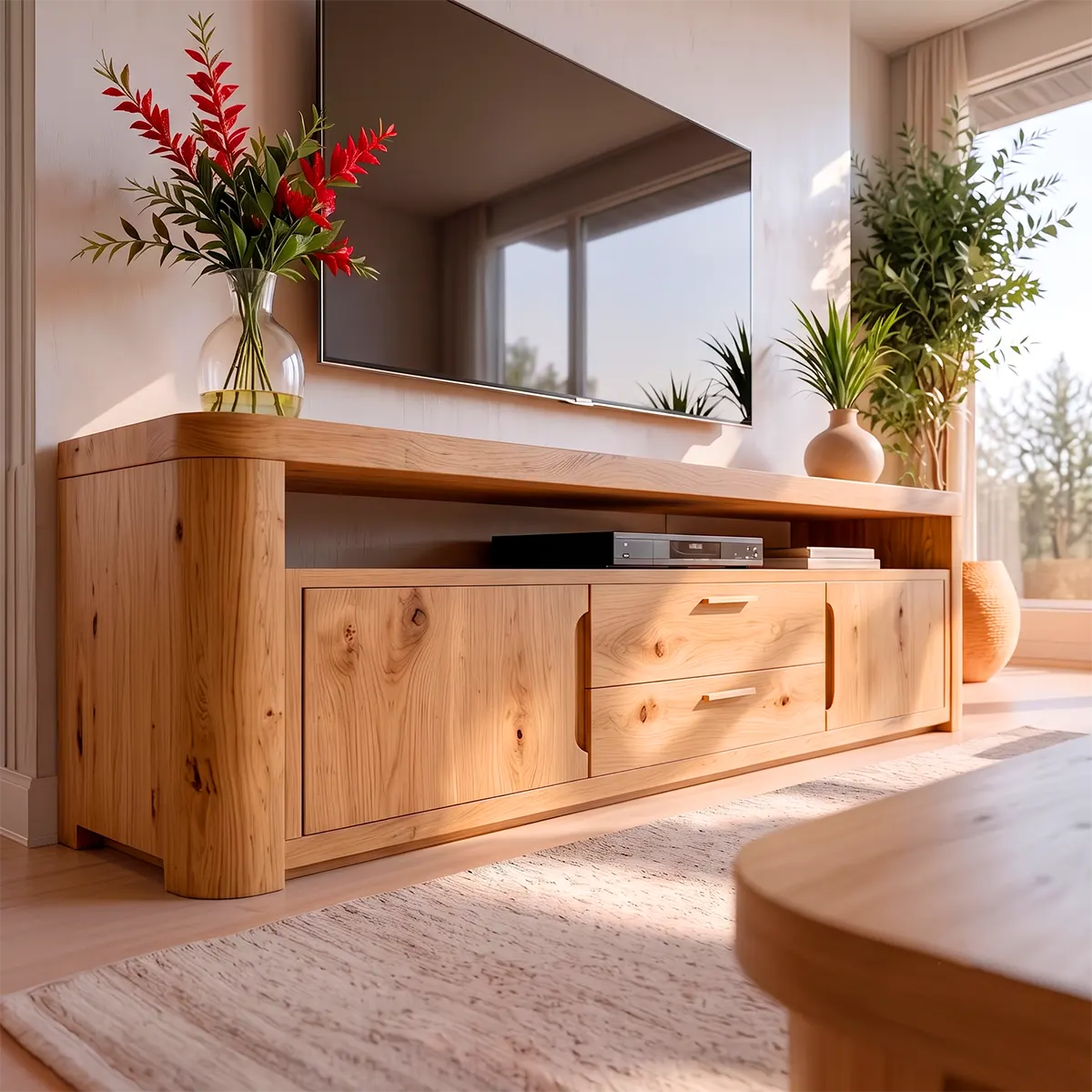 Modern TV Stand with 2 Cabinets, 2 Drawers & Open Media Shelf | Low Profile Entertainment Console TT006-8OIW7WL