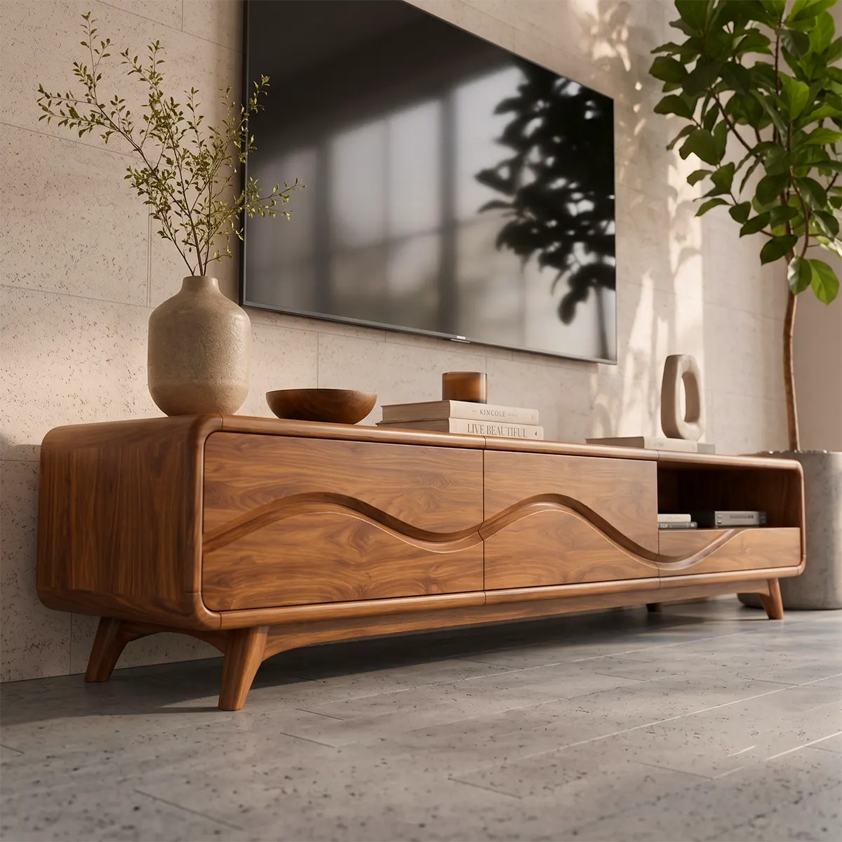 Modern TV Stand with 2 Enclosed Cabinets & Open Storage | Sculpted Wave Media Console TT006-9ORW3JY