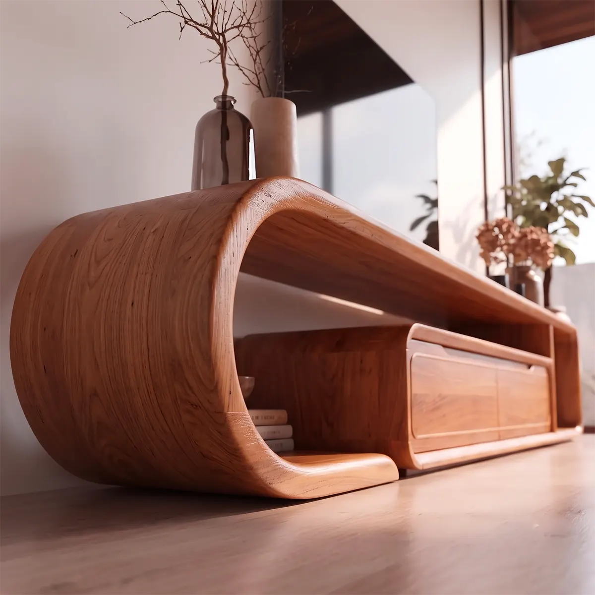 Modern Sculptural TV Stand with 2 Drawers & Open Storage | Curved Low Profile Media Console TT006-8OVX9CA