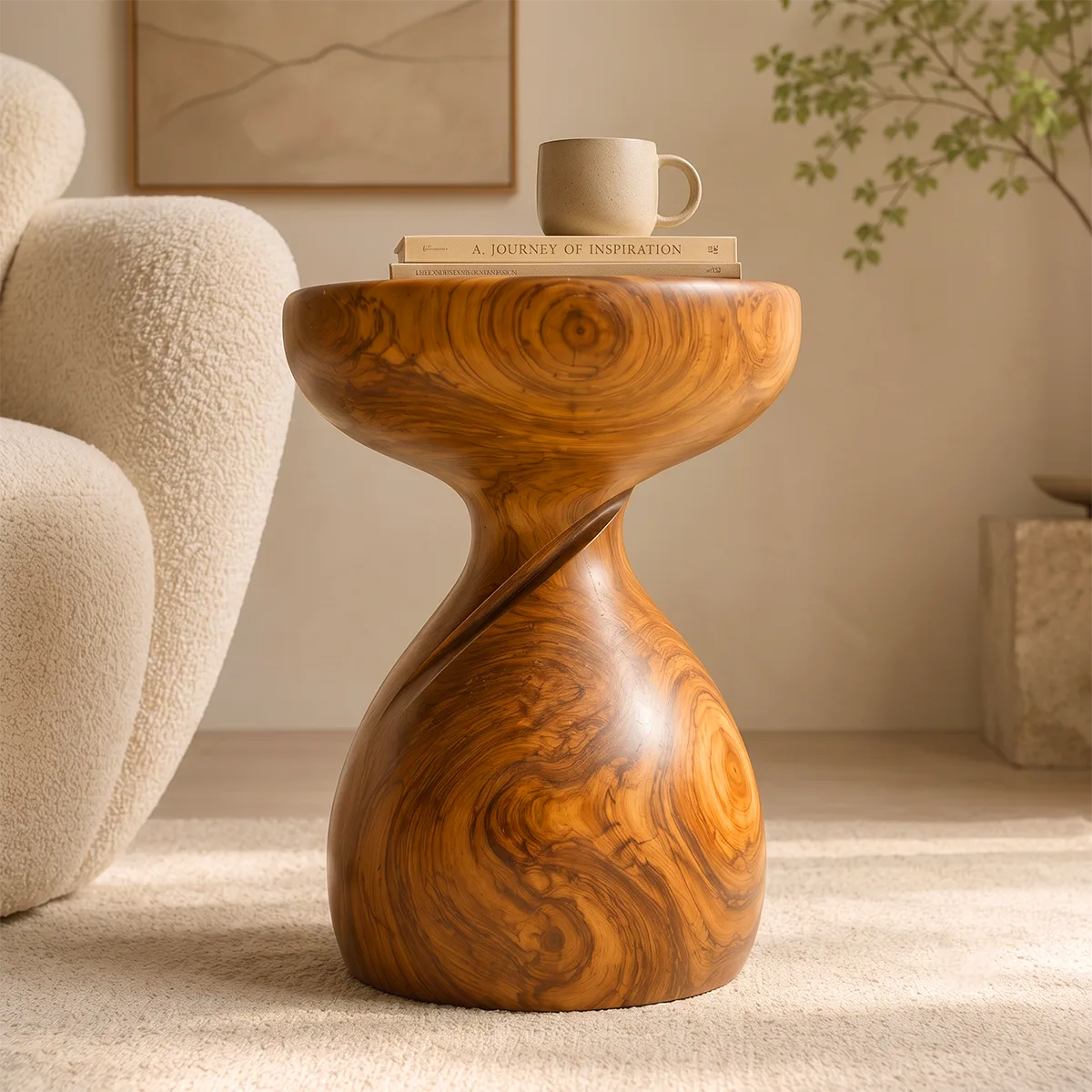 Sculptural Twist Wood End Table | Round Curved Pedestal Side Table TT006-4LXI5HY