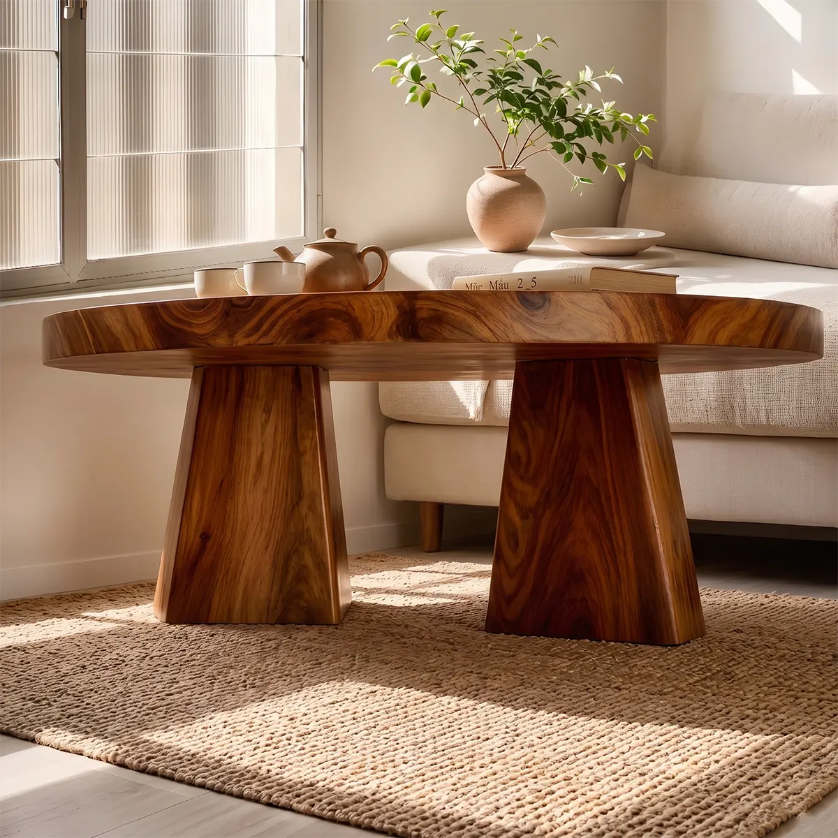 Round Solid Wood Coffee Table | Modern Hardwood Cocktail Table with Sculptural Pedestal Base TT006-5916
