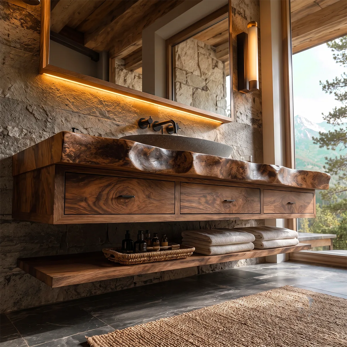 Floating Bathroom Vanity with 3 Drawers & Lower Shelf | Organic Edge Modern Vanity TT006-3IEZ4XF