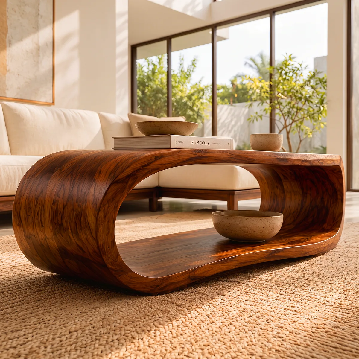 Sculptural Rounded Coffee Table with Open Lower Shelf | Organic Modern Living Room Table TT006-5HHT2PZ